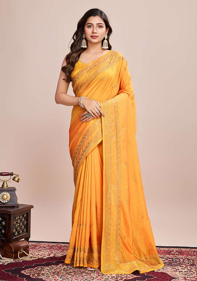 Mustard Embroidered Art Silk Saree Set - Indya