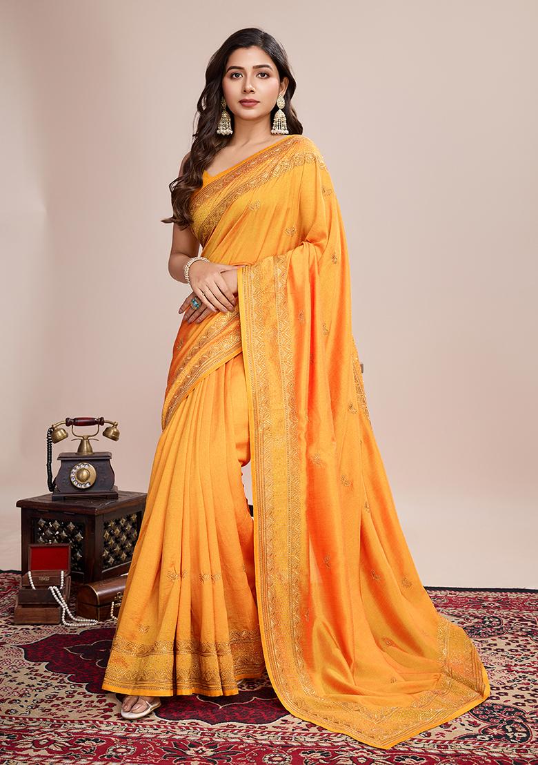 Mustard Embroidered Art Silk Saree Set
