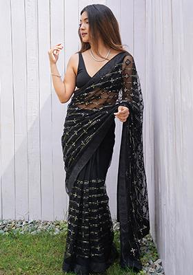Black Sequin Work Net Saree Set