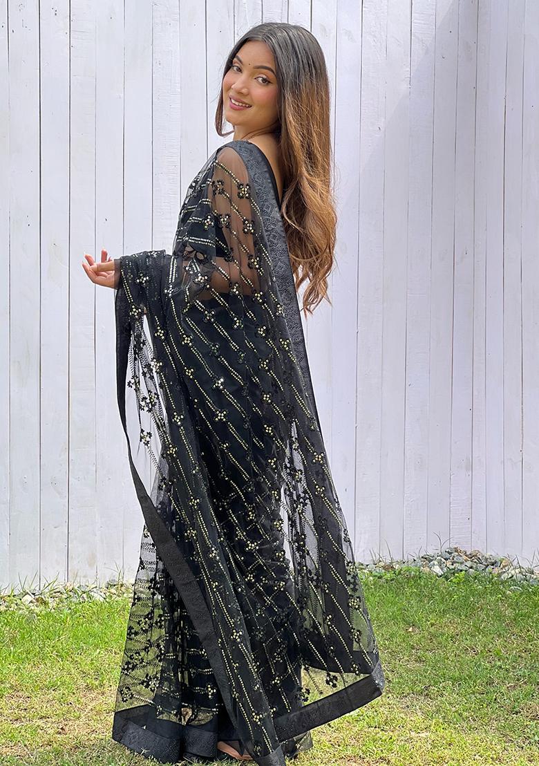 Black Sequin Work Net Saree Set