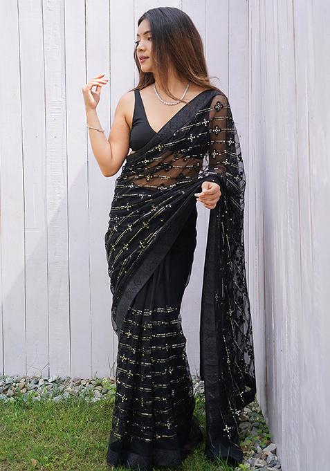 Black Sequin Work Net Saree Set