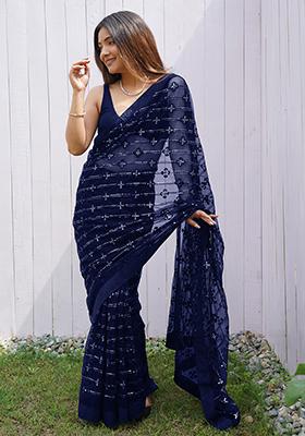 Blue Sequin Work Net Saree Set