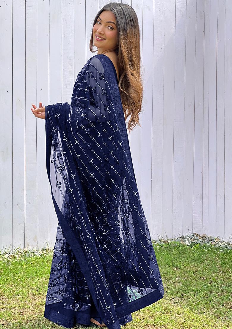 Blue Sequin Work Net Saree Set