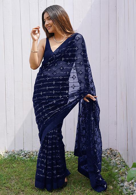 Blue Sequin Work Net Saree Set