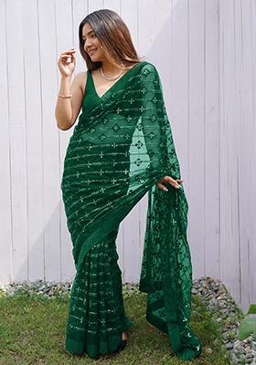 Green Sequin Work Net Saree Set