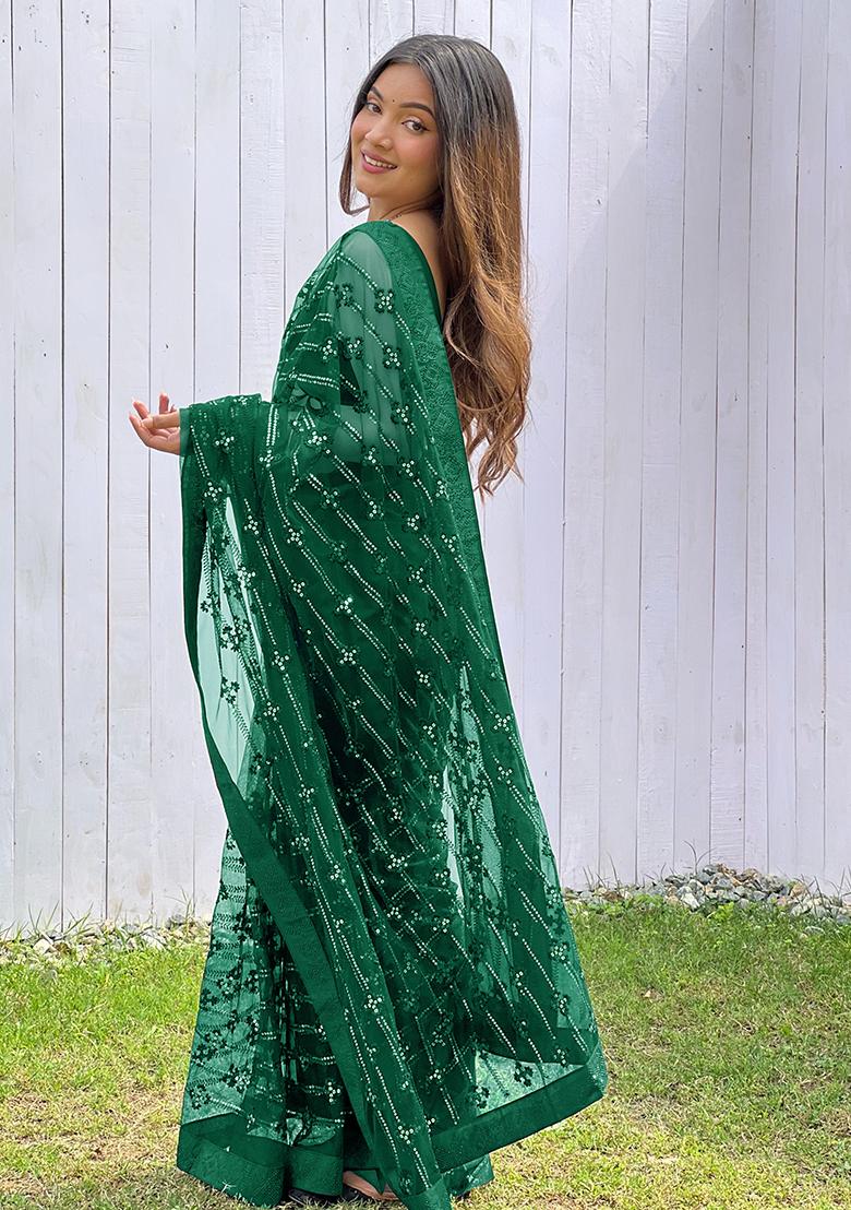 Green Sequin Work Net Saree Set