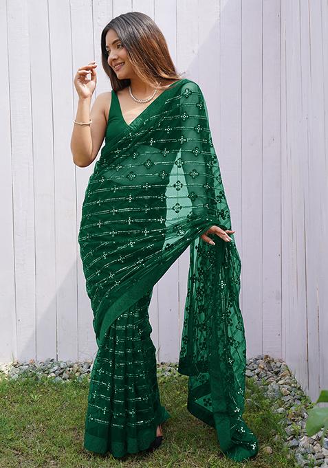 Green Sequin Work Net Saree Set