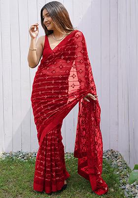 Red Sequin Work Net Saree Set