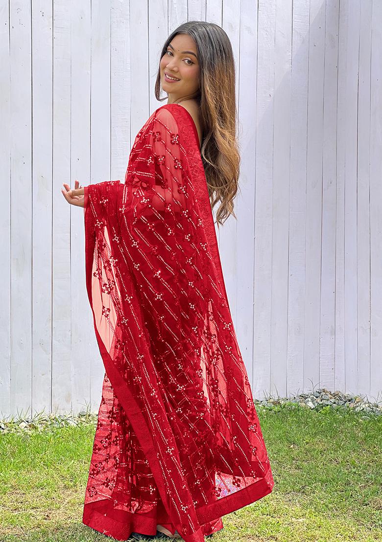 Red Sequin Work Net Saree Set