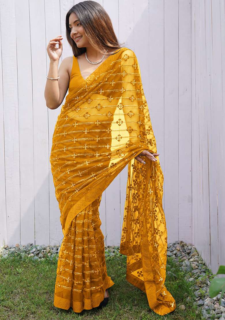 Yellow Sequin Work Net Saree Set for Diwali and Festive Wear - Indya