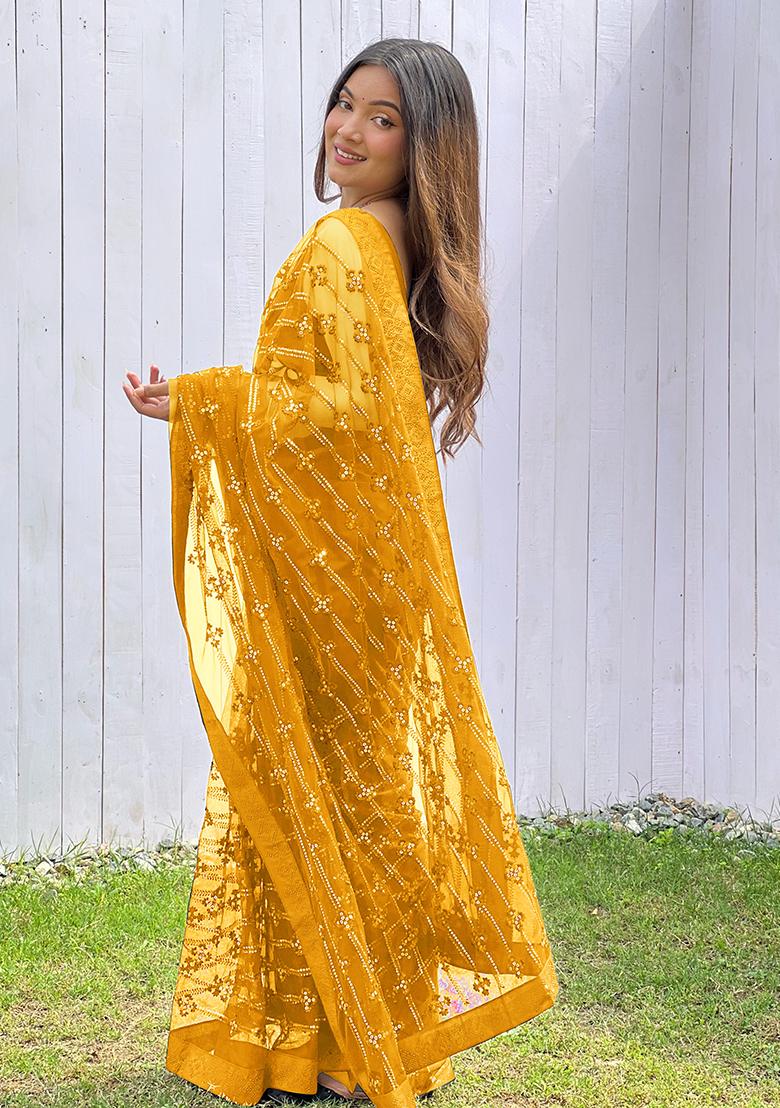 Yellow Sequin Work Net Saree Set