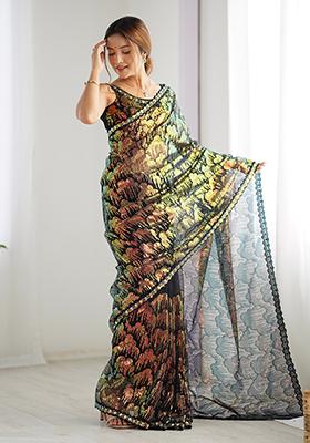 Black Sequin Work Net Saree Set