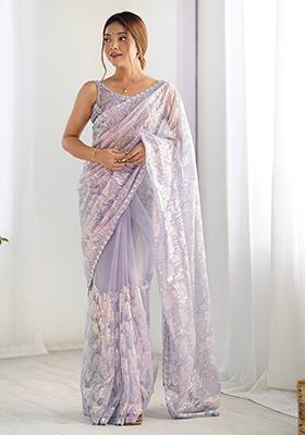 Lavender Sequin Work Net Saree Set