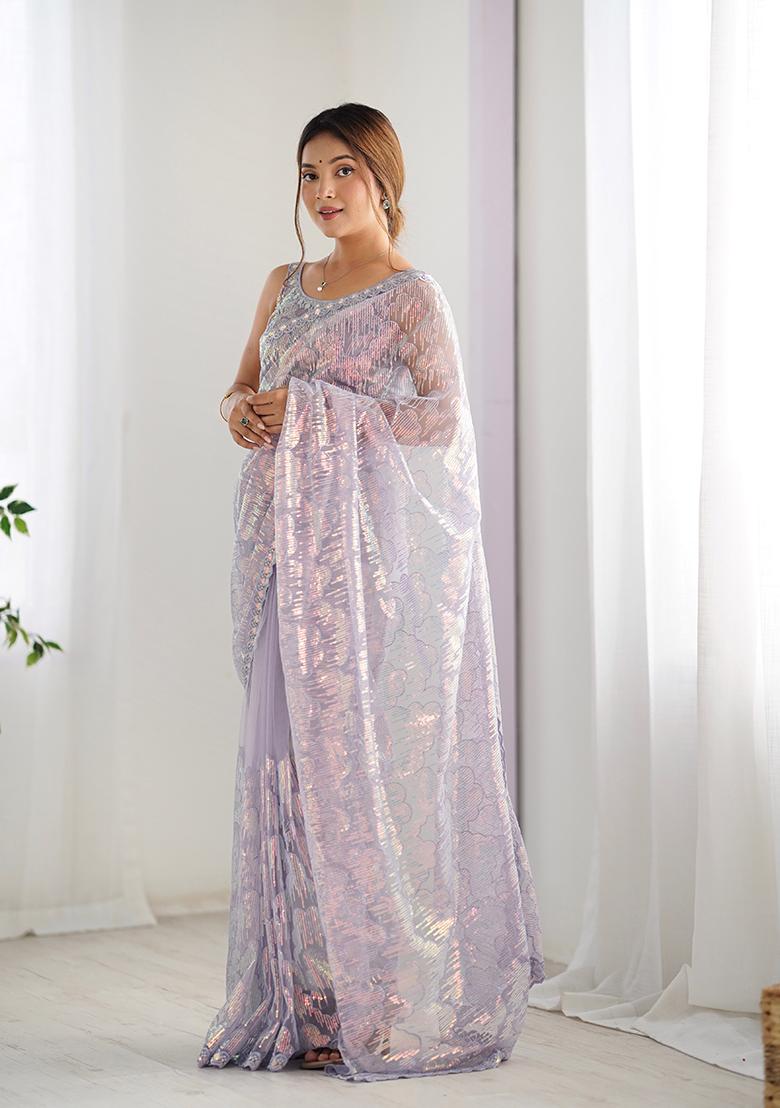 Lavender Sequin Work Net Saree Set