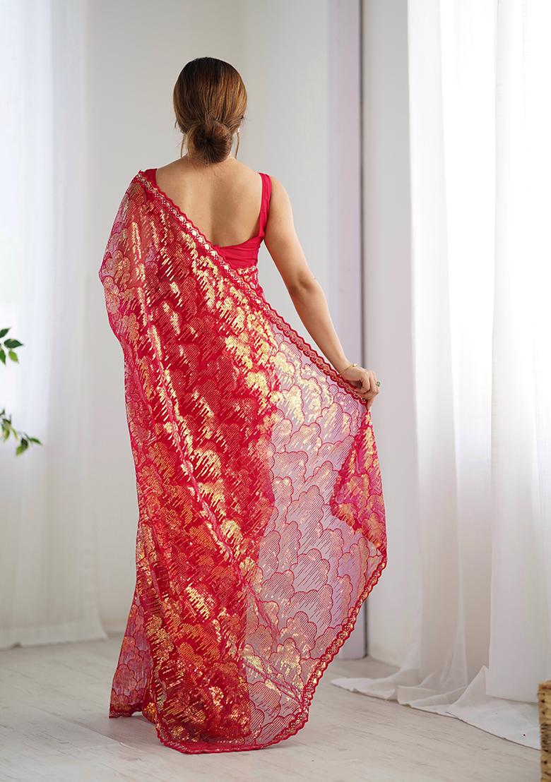 Pink Sequin Work Net Saree Set