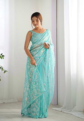 Sky Blue Sequin Work Net Saree Set