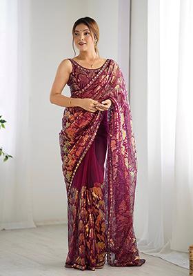 Wine Sequin Work Net Saree Set