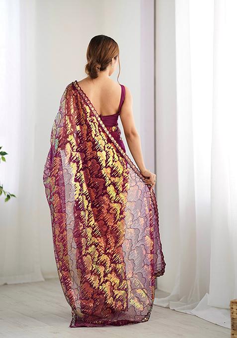 Wine Sequin Work Net Saree Set