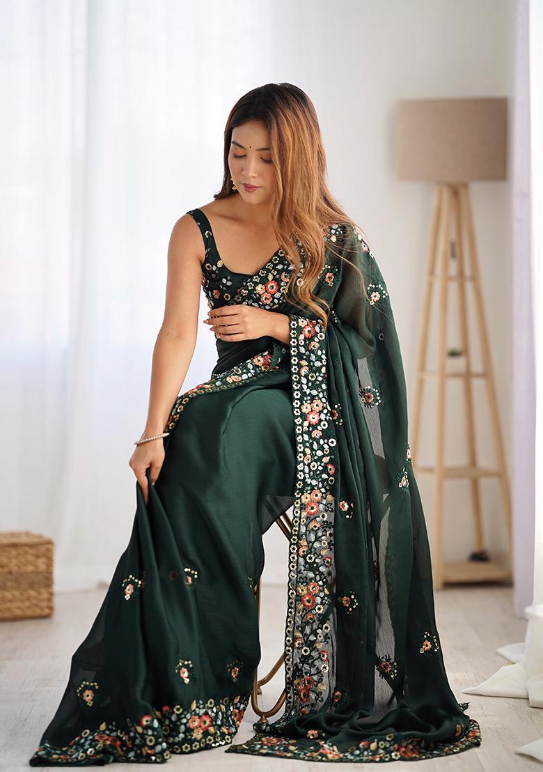 Green Sequin Work Chiffon Saree Set