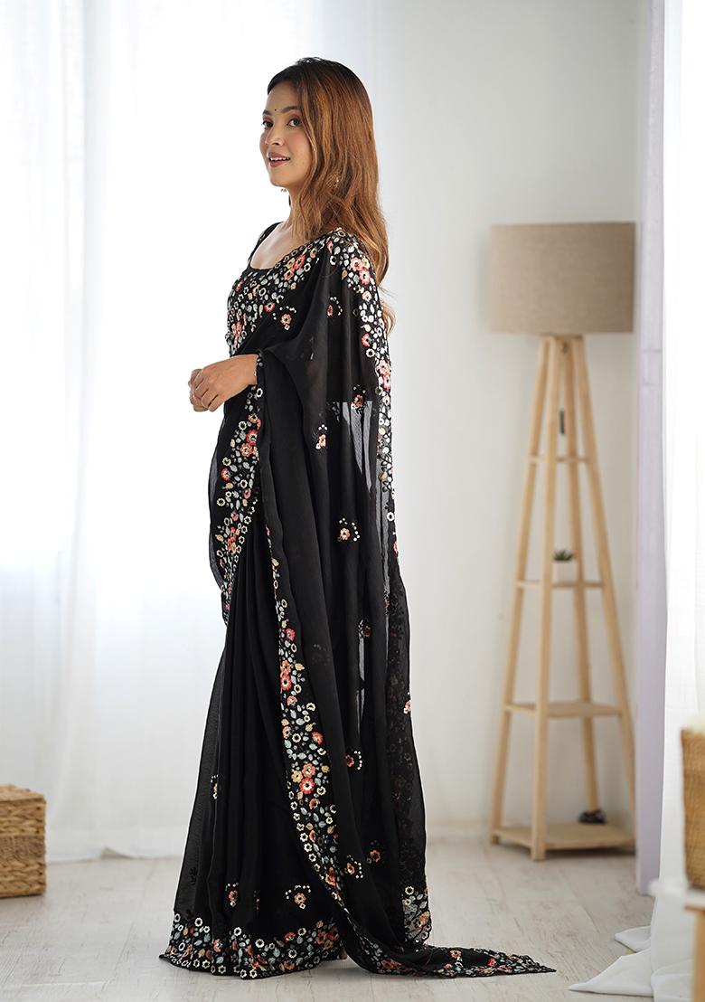 Black Sequin Work Chiffon Saree Set