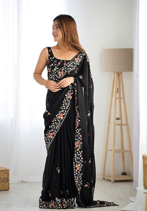 Black Sequin Work Chiffon Saree Set