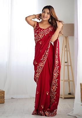 Maroon Sequin Work Chiffon Saree Set