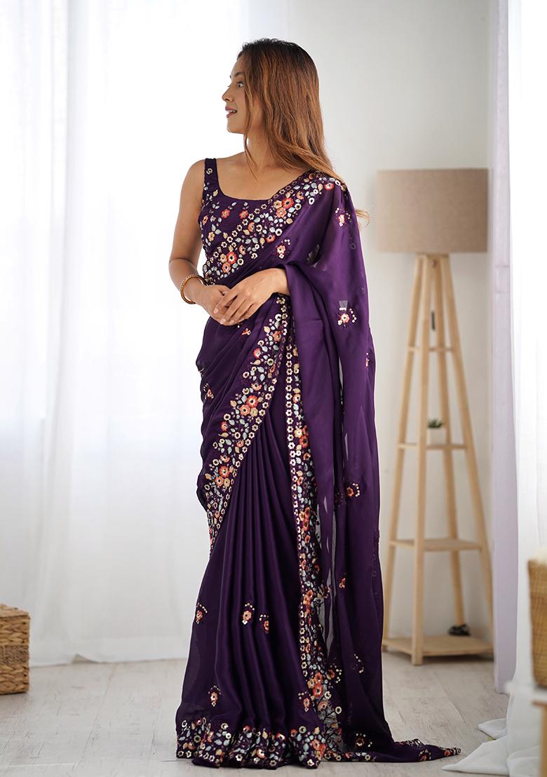 Purple Sequin Work Chiffon Saree Set