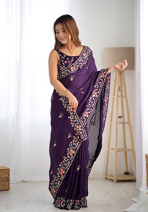 Purple Sequin Work Chiffon Saree Set