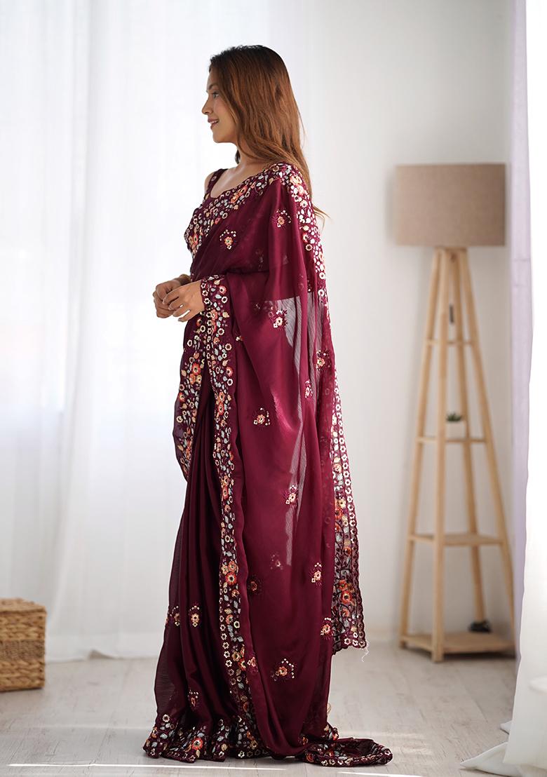Wine Sequin Work Chiffon Saree Set