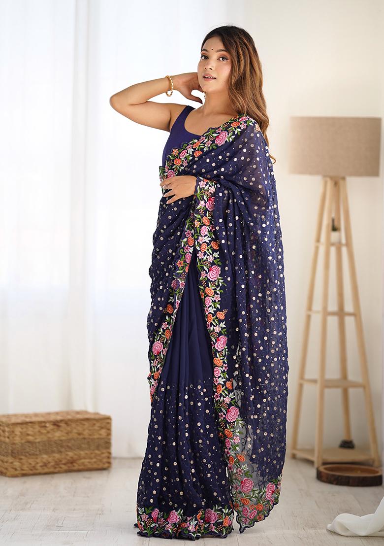 Blue Sequin Work Georgette Saree Set