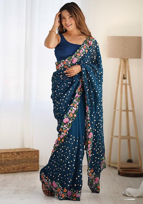 Teal Sequin Work Georgette Saree Set