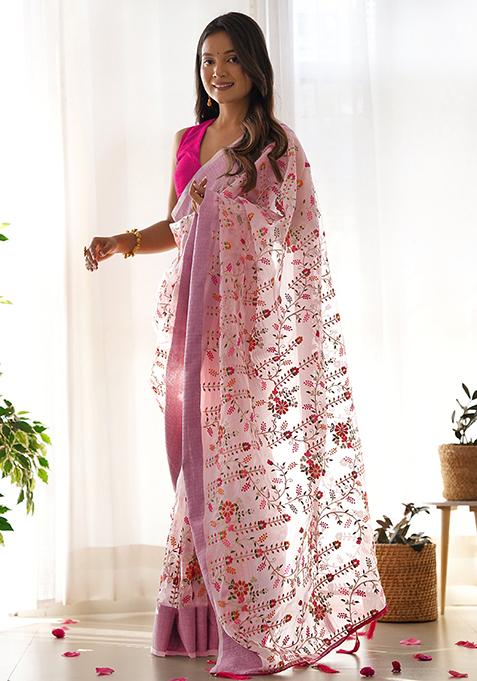 Pink Embroidered Organza Saree Set
