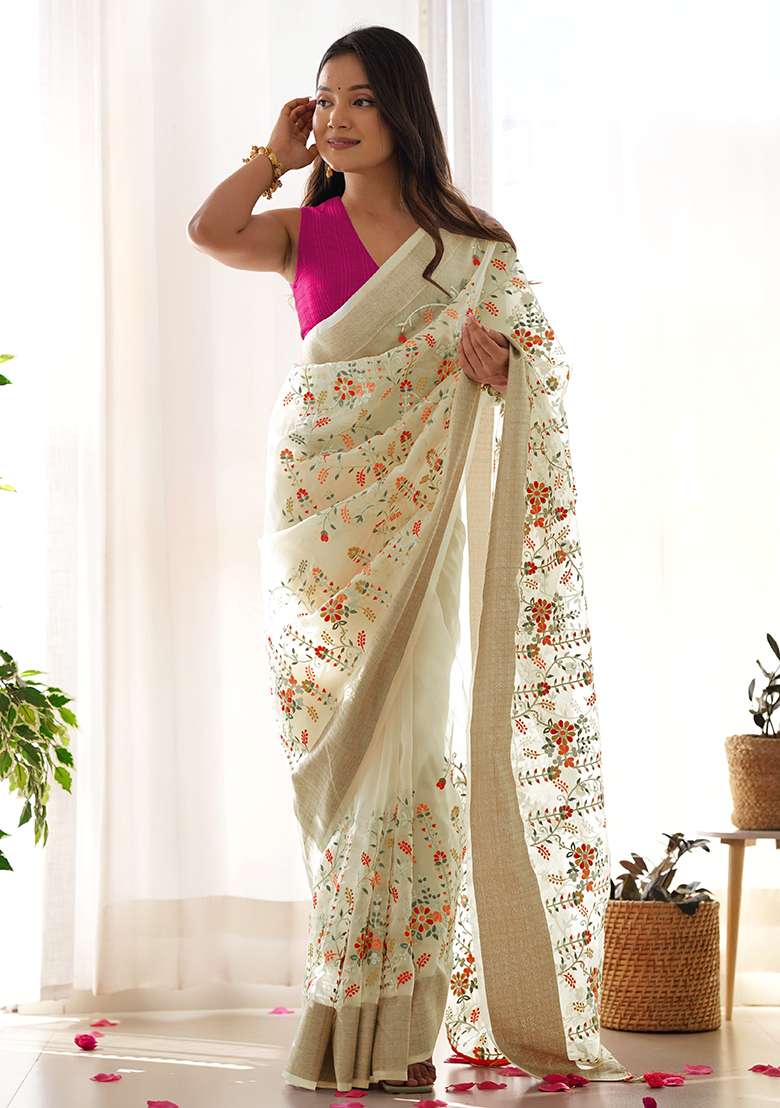 Yellow Embroidered Organza Saree Set for Diwali and Festive Wear - Indya