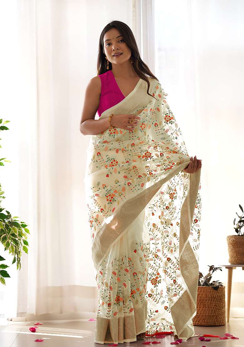 Yellow Embroidered Organza Saree Set for Diwali and Festive Wear - Indya