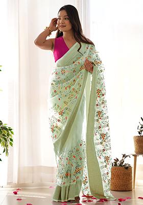Green Embroidered Organza Saree Set