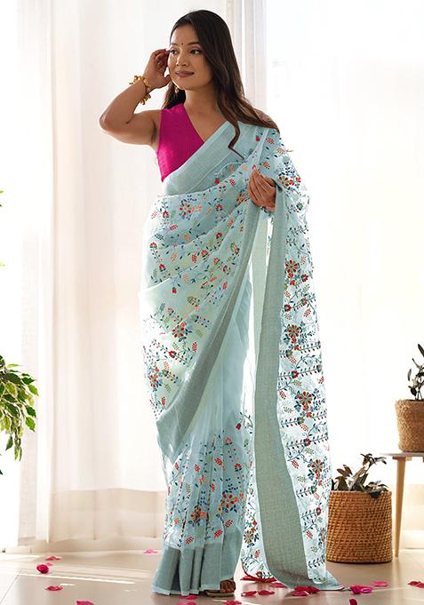 Grey Embroidered Organza Saree Set