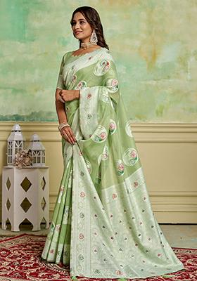 Green Zari Woven Cotton Saree Set