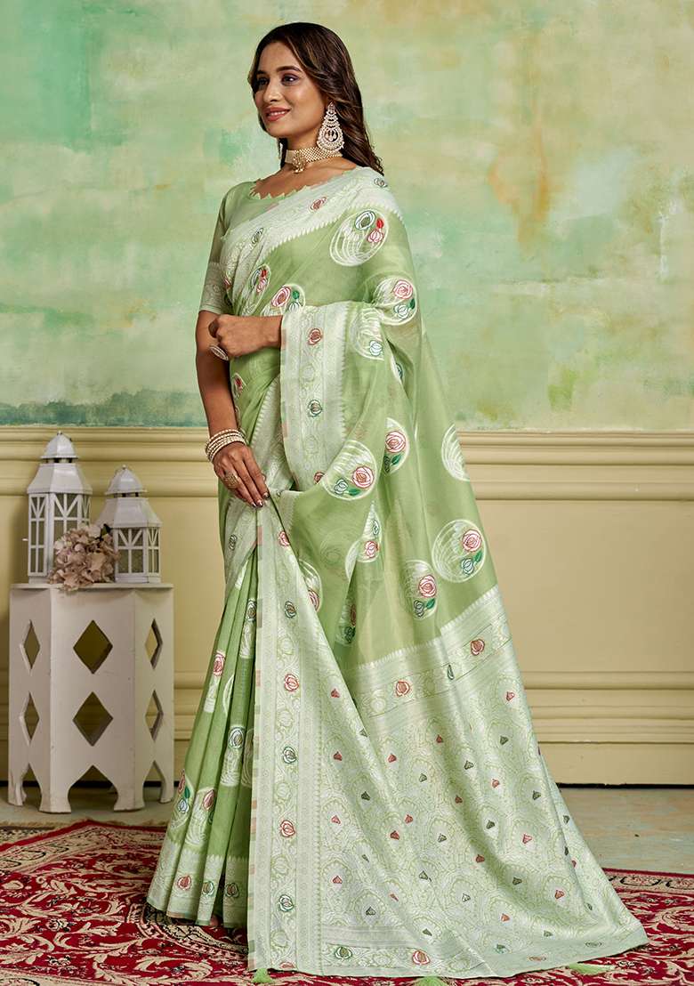 Green Zari Woven Cotton Saree Set - Indya