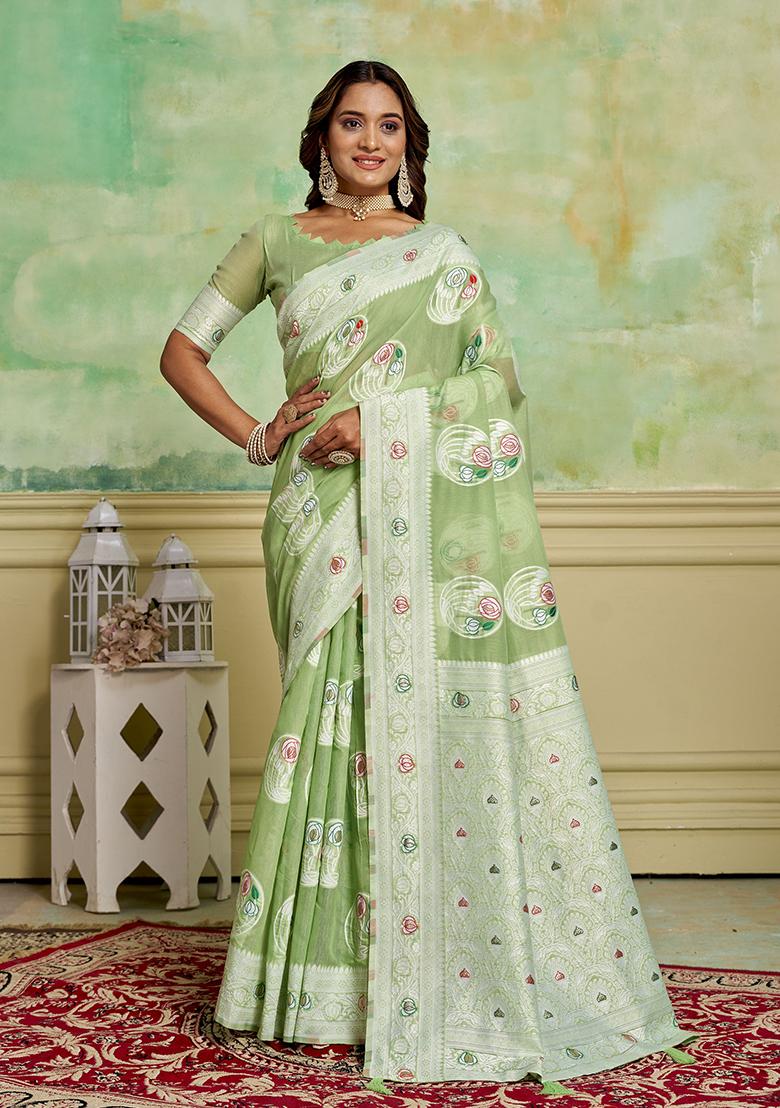 Green Zari Woven Cotton Saree Set