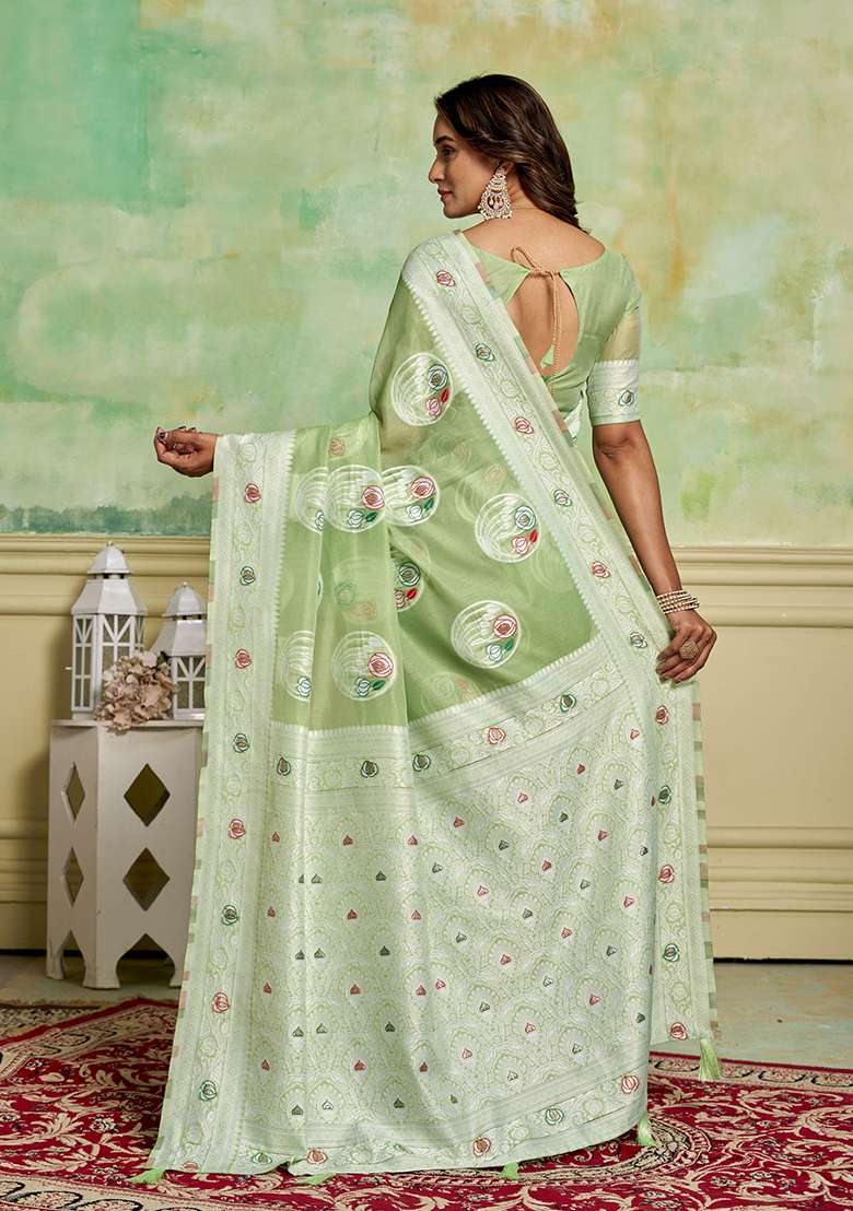 Green Zari Woven Cotton Saree Set - Indya