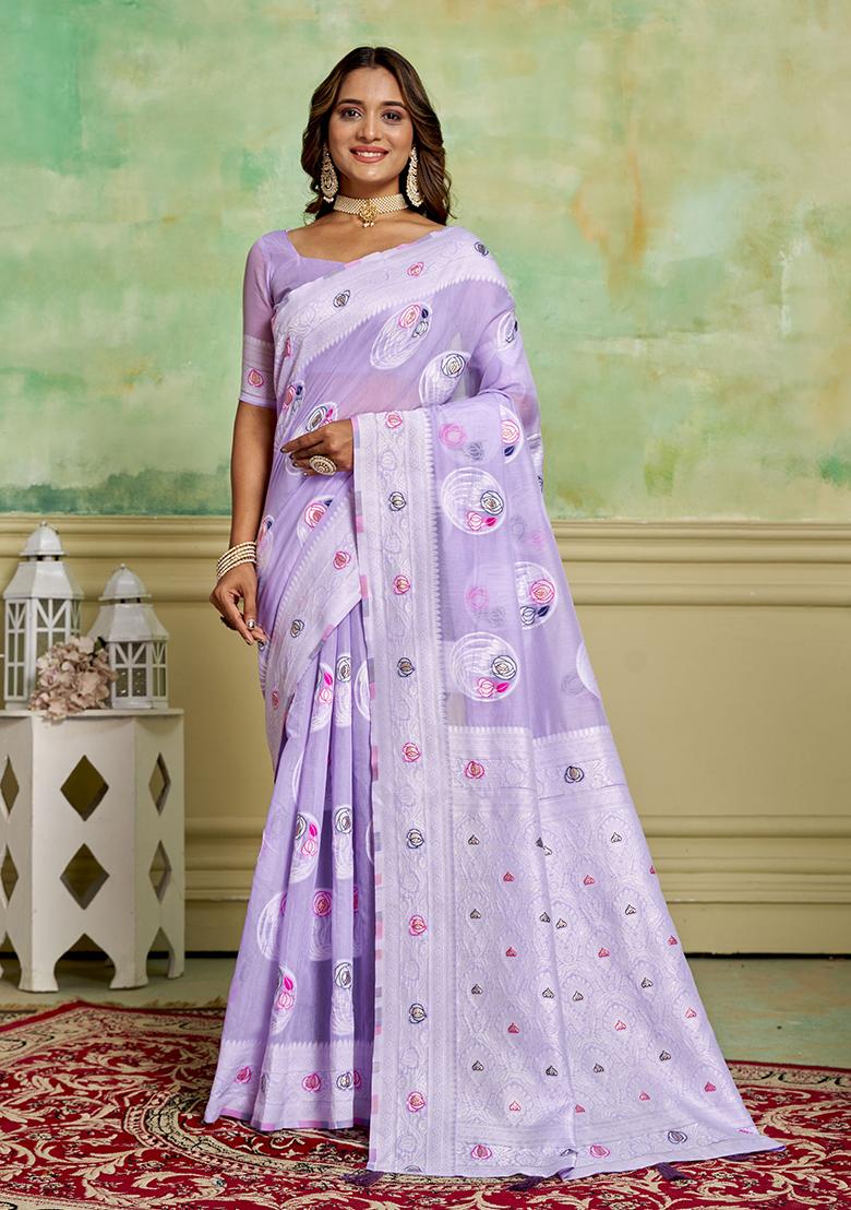 Lavender Zari Woven Cotton Saree Set