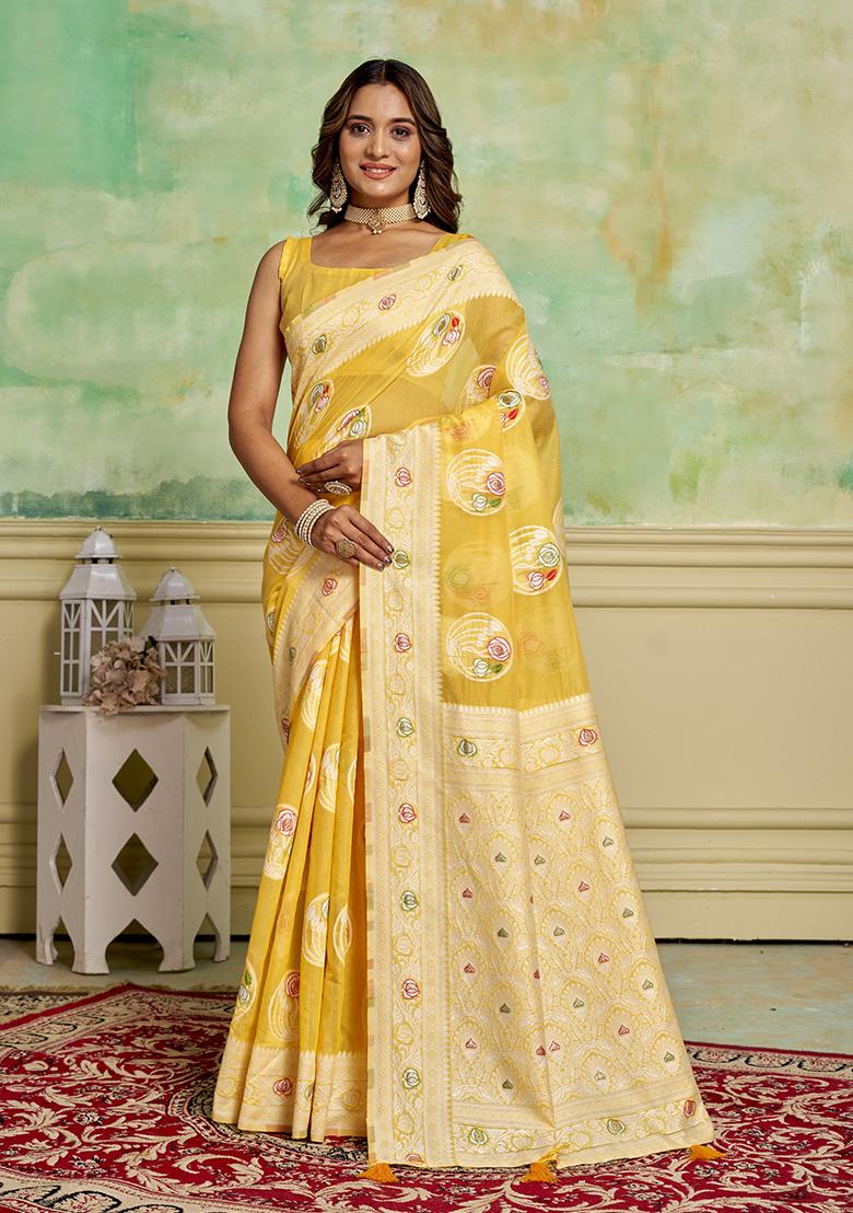 Yellow Zari Woven Cotton Saree Set