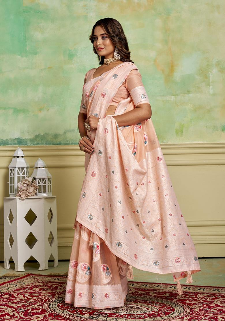 Peach Zari Woven Cotton Saree Set