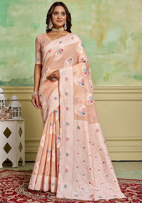 Peach Zari Woven Cotton Saree Set