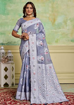 Grey Zari Woven Cotton Saree Set