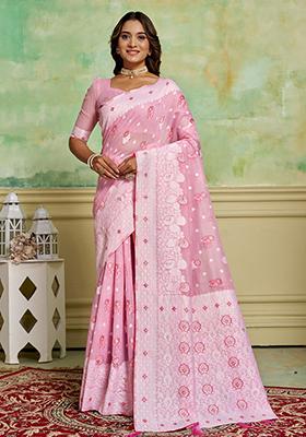 Pink Zari Woven Cotton Saree Set