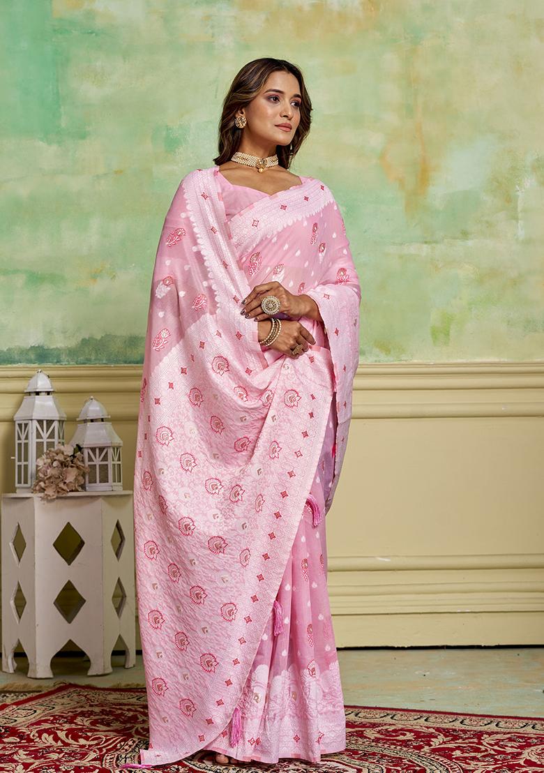 Pink Zari Woven Cotton Saree Set