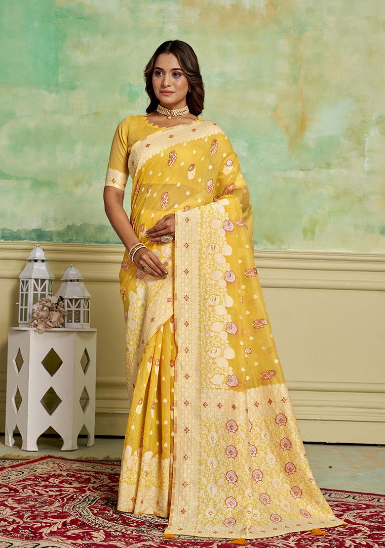 Yellow Zari Woven Cotton Saree Set