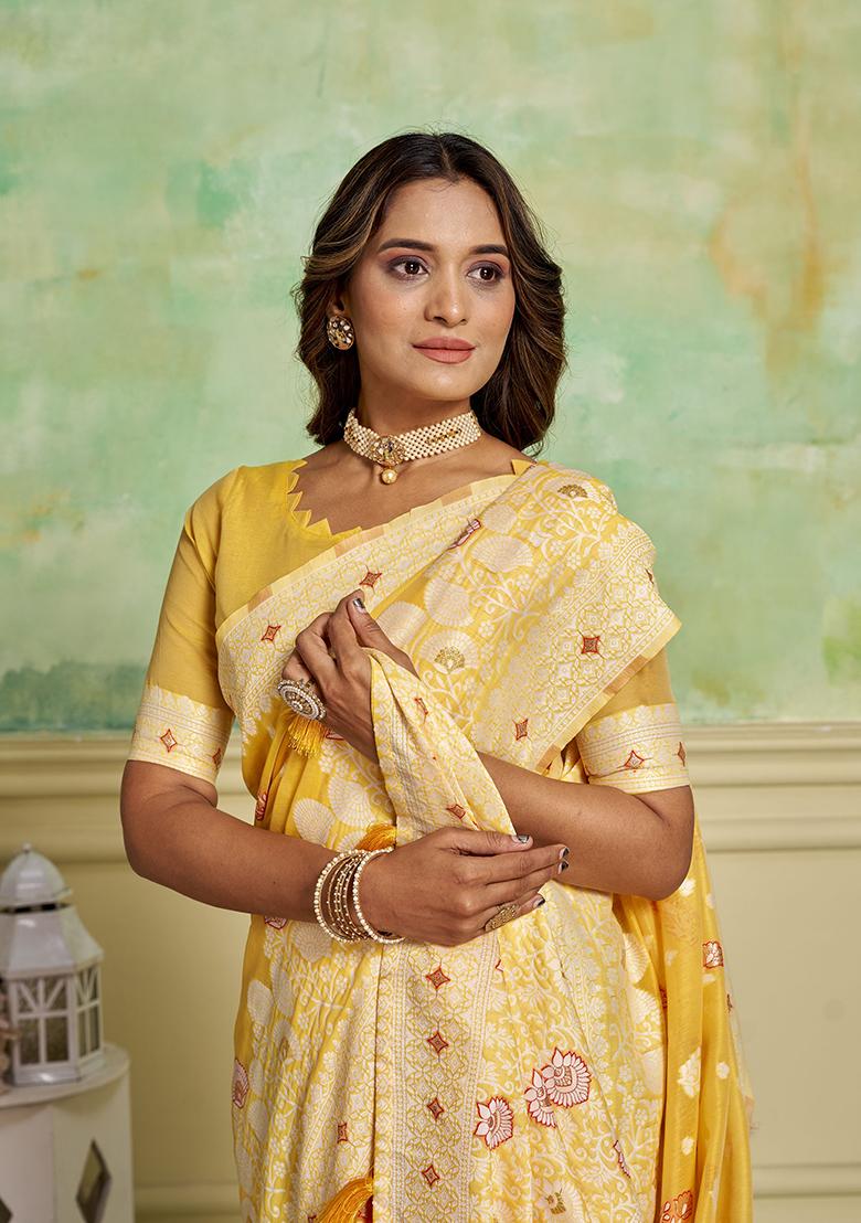 Yellow Zari Woven Cotton Saree Set