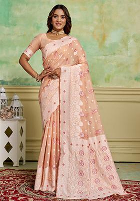 Peach Zari Woven Cotton Saree Set